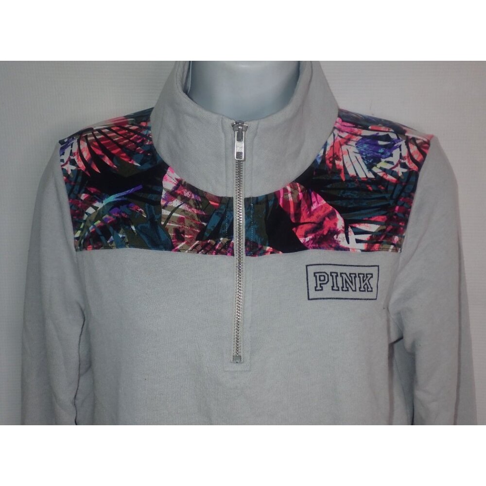 Victoria's Secret PINK Women XS Half-Zip Pullover Sweatshirt Gray Tropical Yolk - Picture 2 of 6